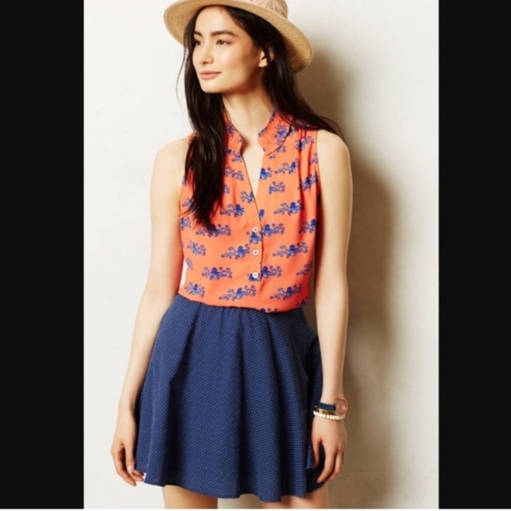 Anthropologie Maeve Top Coral with Blue Octopus